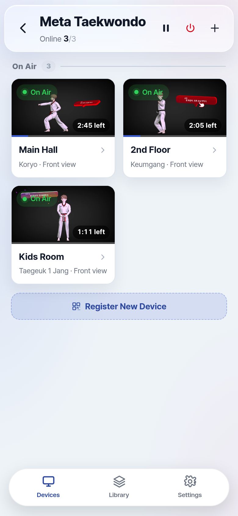 Phone screen with three screens each playing a different poomsae