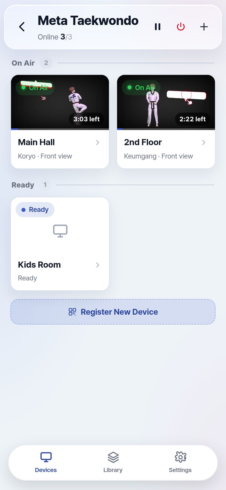 Phone screen: two of three screens playing, the kids' classroom idle