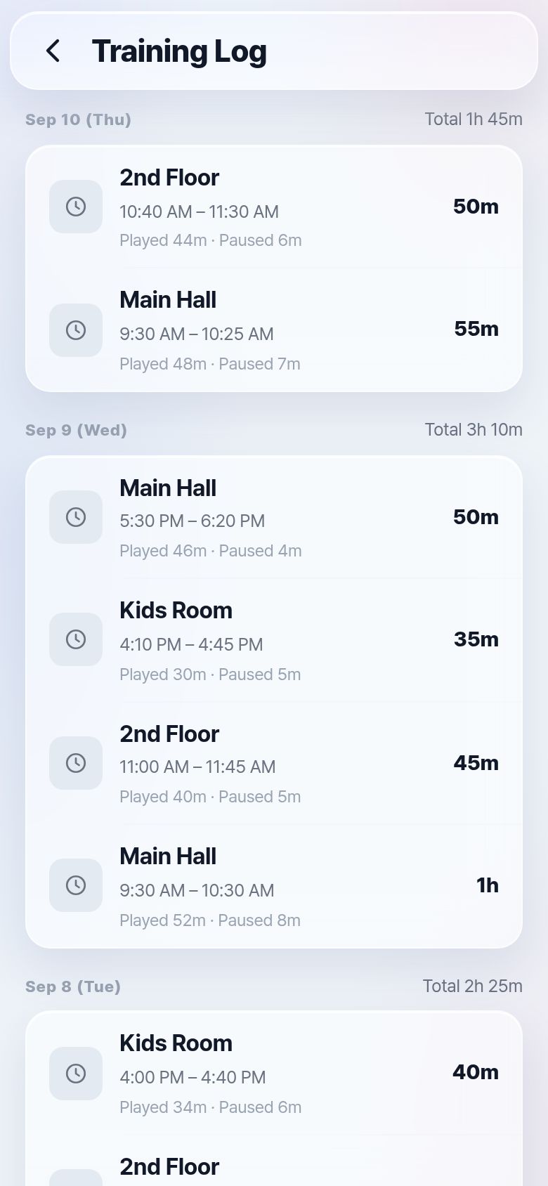 Training record screen — daily totals and class time per screen