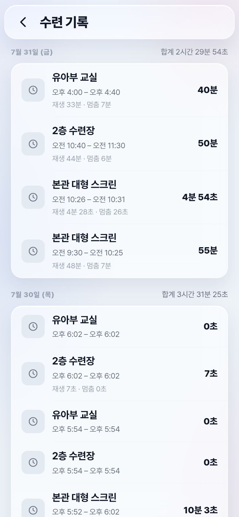 수련 기록 화면 — 날짜별 합계와 기기별 수업 시간
