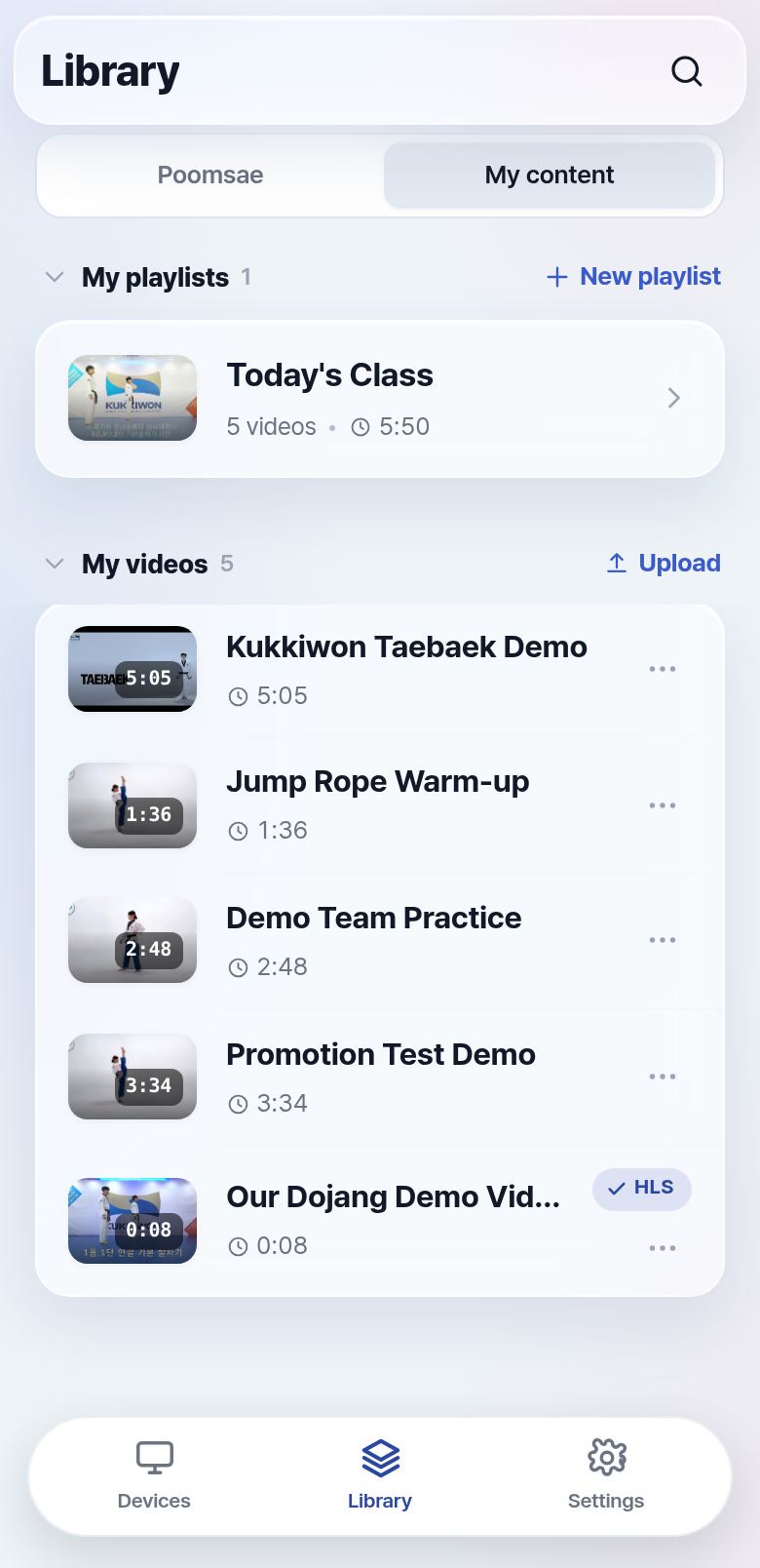 Library screen — uploaded videos and YouTube videos in one list